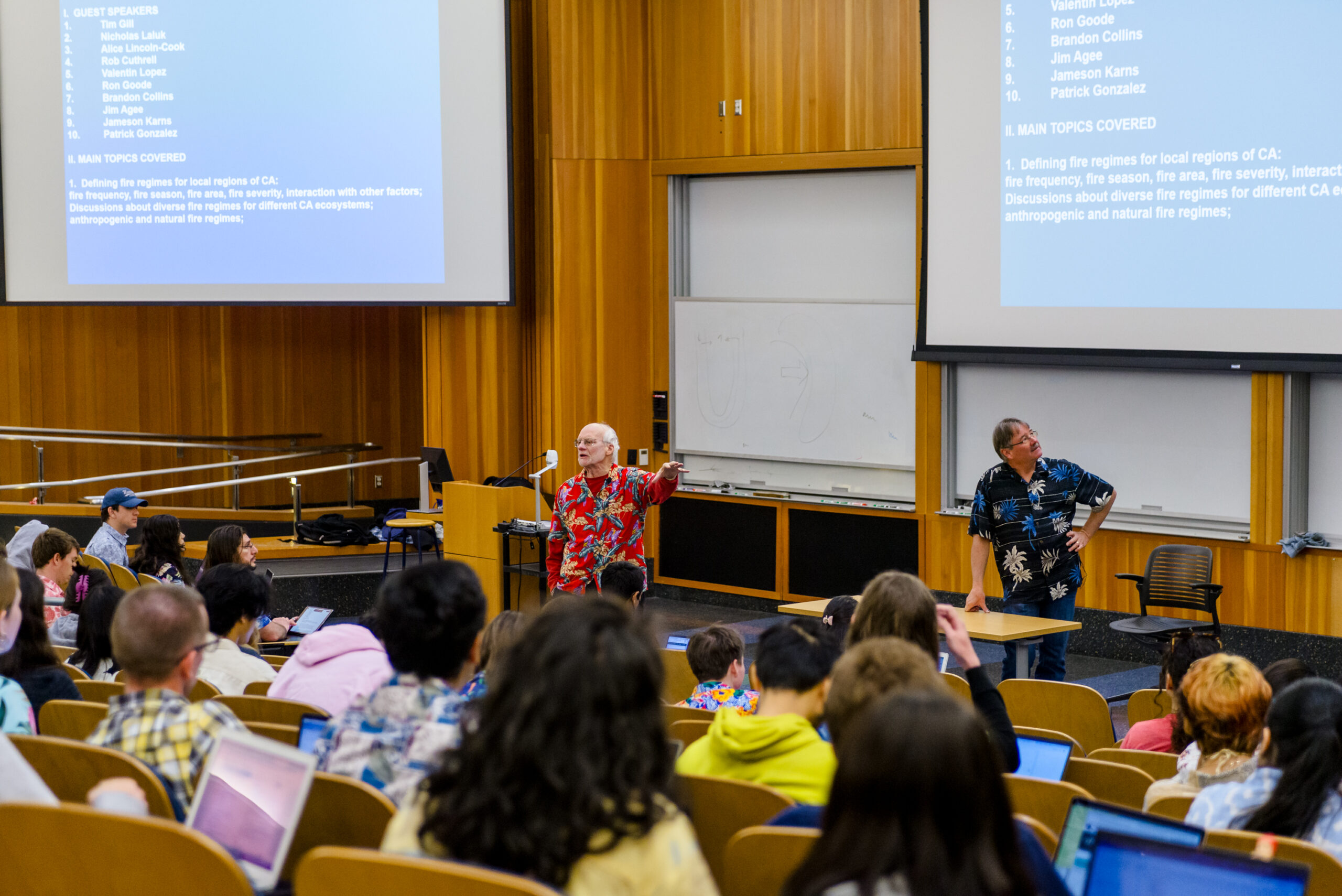 Professors Kent Lightfoot and Scott Stephens teaching in a lecture hall